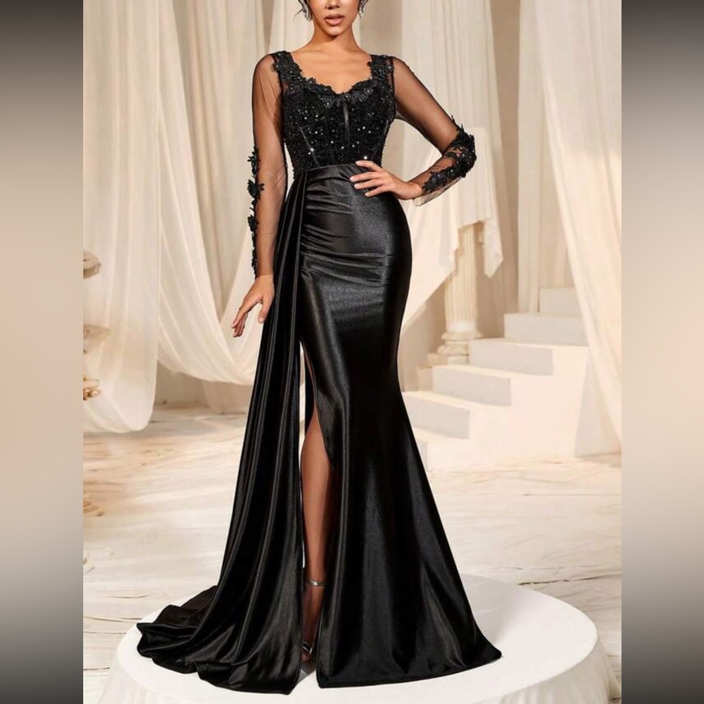 Luxe sweetheart neck appliqués slit thigh party formal evening sequins dress